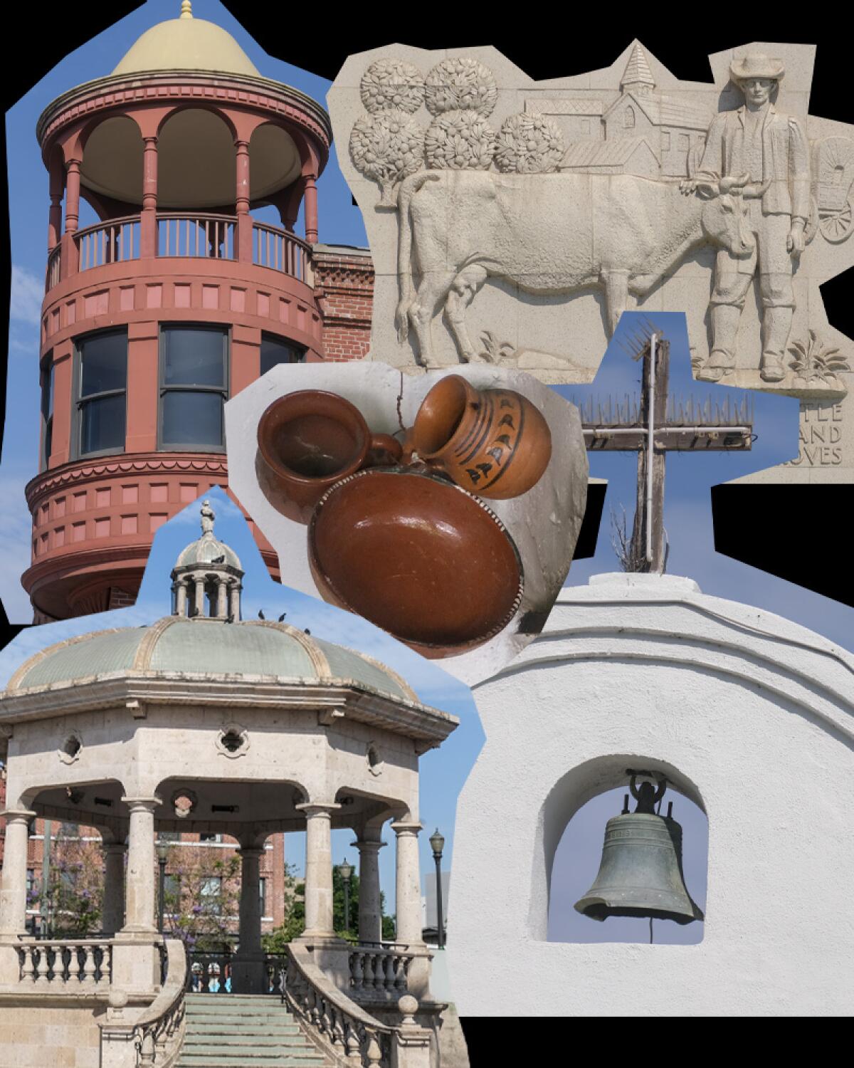 A photo collage of places to discover Mexican history in Los Angeles.