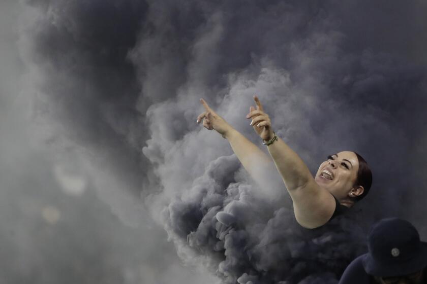 A Los Angeles FC fan cheers during the first half of the team's MLS soccer match against the San Jose Earthquakes on Wednesday, Aug. 21, 2019, in Los Angeles. (AP Photo/Marcio Jose Sanchez)