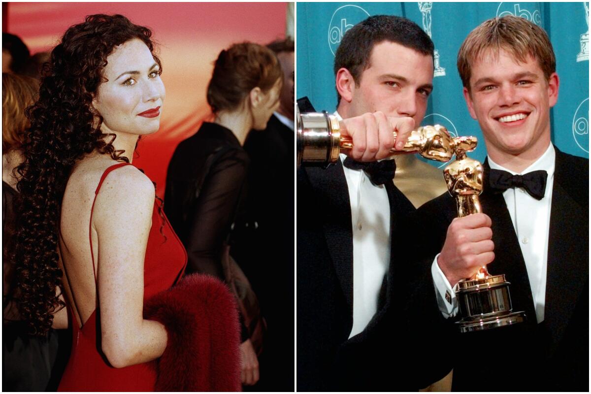 Split: left, Minnie Driver wears a red dress; right, Ben Affleck and Matt Damon in black tuxedos with Oscars in hand
