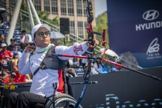 SHANGHAI, CHINA - MAY 12: In this handout image provided by the World Archery Federation, Zahra Nemati of Iran during the Women's Recurve team finals during the Shanghai 2019 Hyundai Archery World Cup Stage 2 on May 12, 2019 in Shanghai, China. (Photo by Dean Alberga/World Archery Federation via Getty Images)