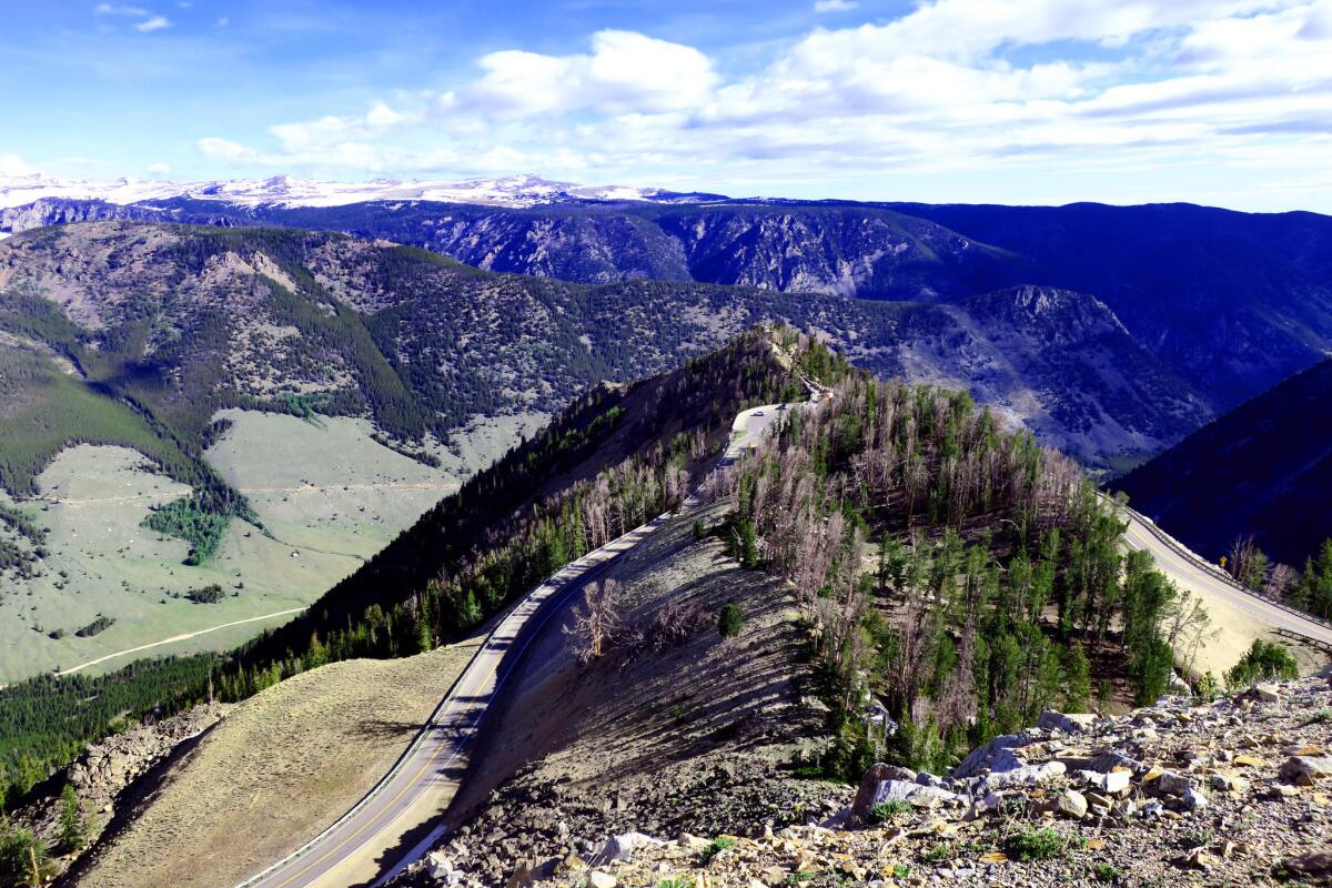 A view of the roadway as it twists upward from Red Lodge, Mont., on the Beartooth Highway.