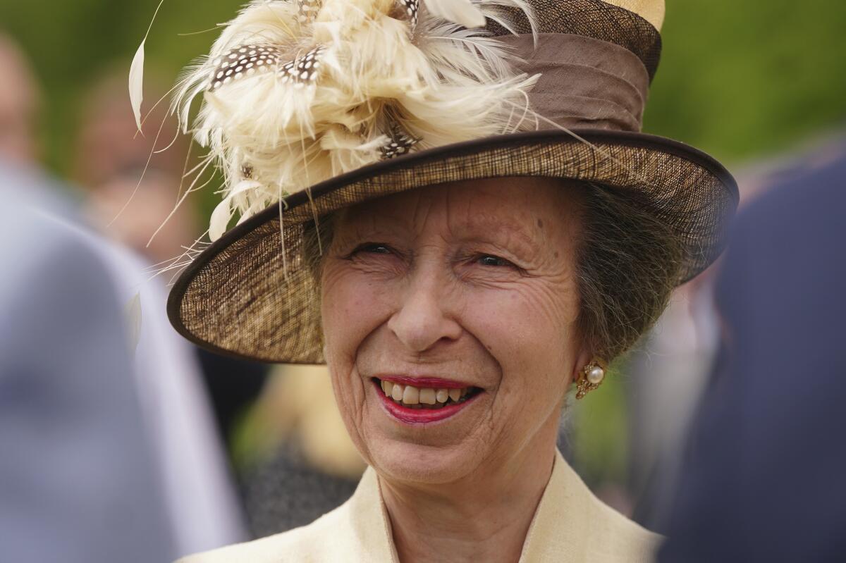 Princess Anne smiling in a formal hat with white feathers and pearl earrings amid a blurred-out crowd