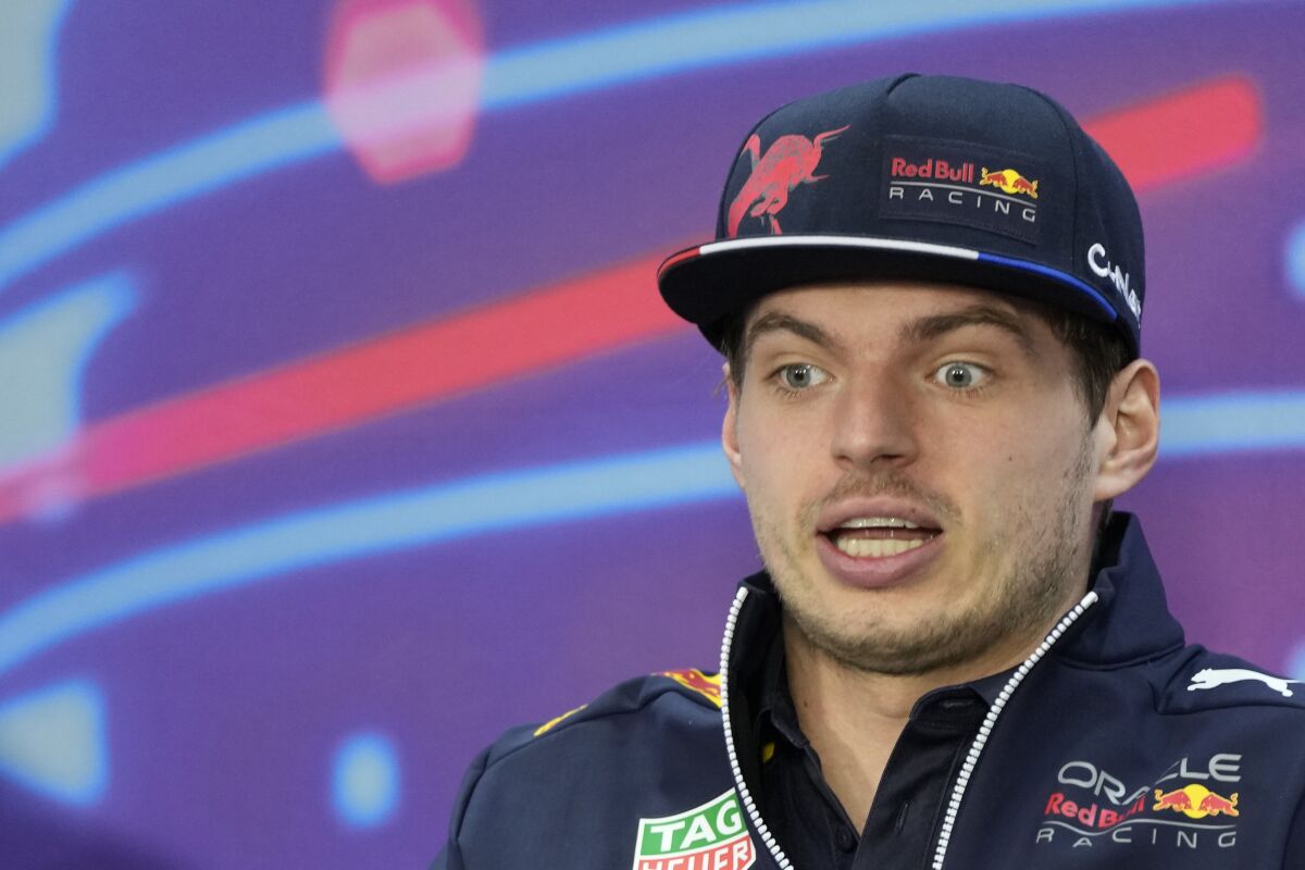Red Bull driver Max Verstappen of the Netherlands speaks ahead of a press conference at the Formula One Bahrain International Circuit in Sakhir, Bahrain, Friday, March 18, 2022. The Bahrain Formula One Grand Prix will take place here on Sunday. (AP Photo/Hassan Ammar)