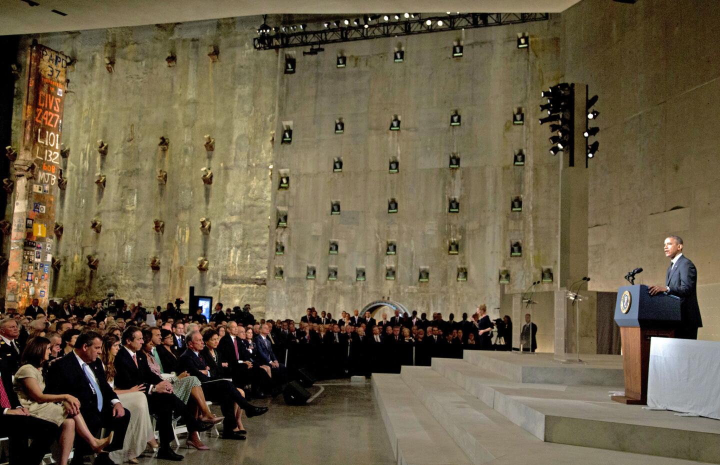 President Obama addresses guests last week at the dedication of the 9/11 Memorial Museum, built amid the foundations of the fallen Twin Towers.