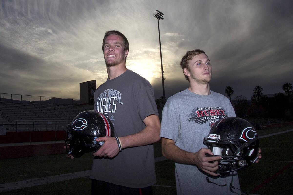 Corona Centennial quarterbacks Nate Ketteringham, left, and Anthony Catalano share duties in one of high school football's most prolific offenses.
