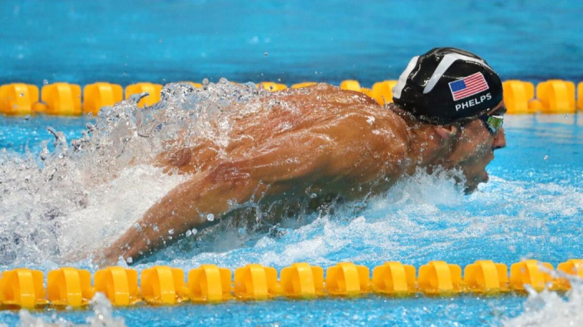 U.S. swimmer Michael Phelps swims the third leg of the men's 4x100 relay race at the 2016 Summer Games on Aug. 13.