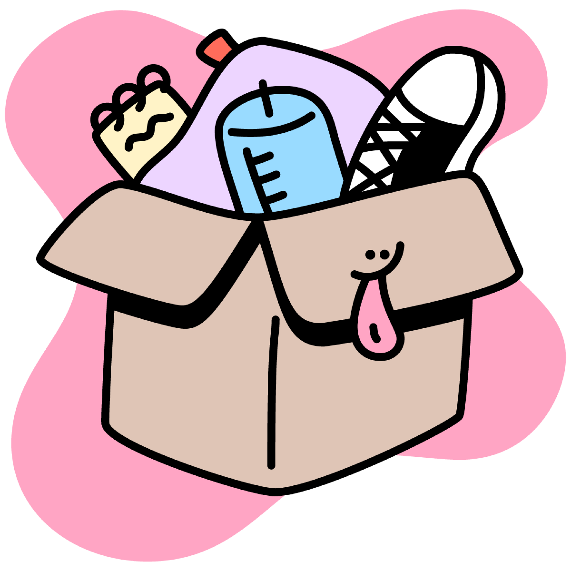 Illustration of a box of clothes and household items