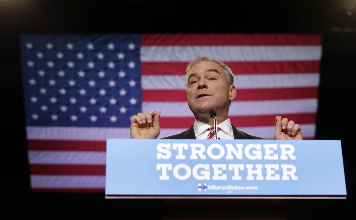 Democratic vice presidential candidate Tim Kaine speaks Tuesday during a campaign rally in Wilmington, N.C.