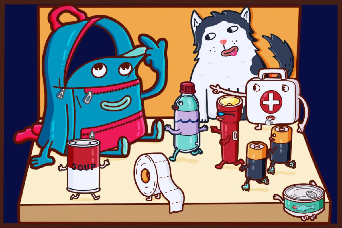 An anthropomorphic backpack beckons emergency supplies, such as tuna, a flashlight and a first-aid kit. A cat looks on.