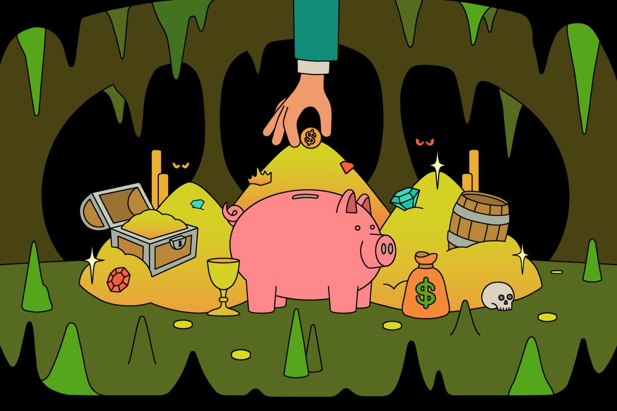 Illustration of a hand putting a coin in a piggy bank amid piles of treasures within a cave.