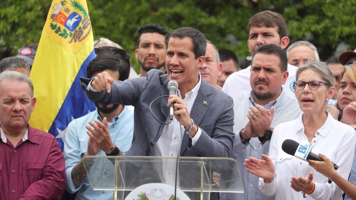 Venezuela's National Assembly President Juan Guaido delivers a speech May 11 in Caracas during a demonstration against the government of Nicolas Maduro.