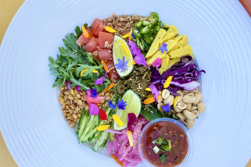 Pop Off LA features one-day-only collaborations that fundraise for AAPI-owned restaurants, which then feed AAPI nonprofits and groups. The Burmese bibimbap, from Burmese Please and Bites and Bashes, includes gochujang and tea leaf dressing.