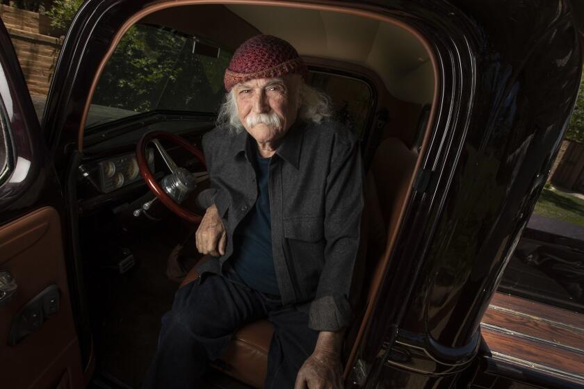 SANTA YNEZ, CALIF. -- WEDNESDAY, JUNE 26, 2019: Musician David Crosby sits for portraits in his 1940 Ford truck at his home in Santa Ynez, Calif., on June 26, 2019. (Brian van der Brug / Los Angeles Times)