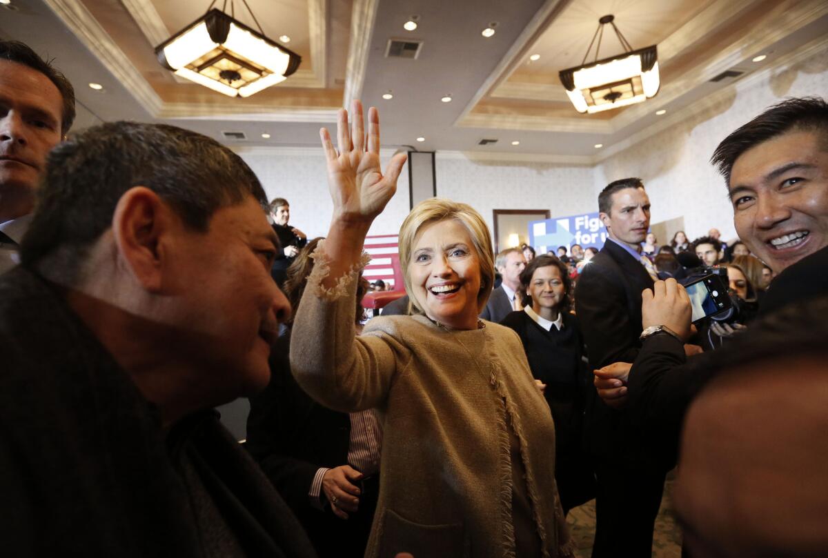 Presidential candidate Hillary Clinton at a campaign stop at the Hilton hotel in San Gabriel.