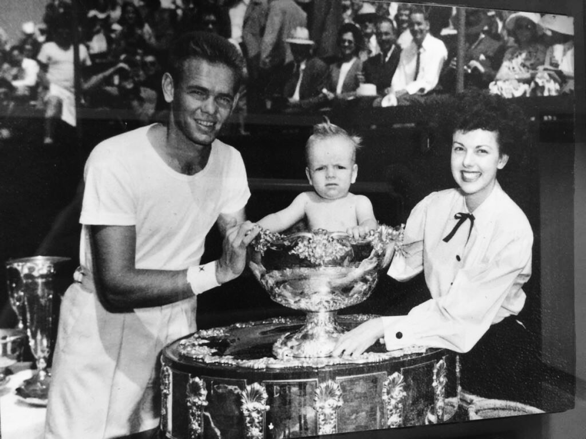 Jack Kramer is pictured with his wife, Gloria, and son David sitting inside the Davis Cup on Dec. 4, 1947.