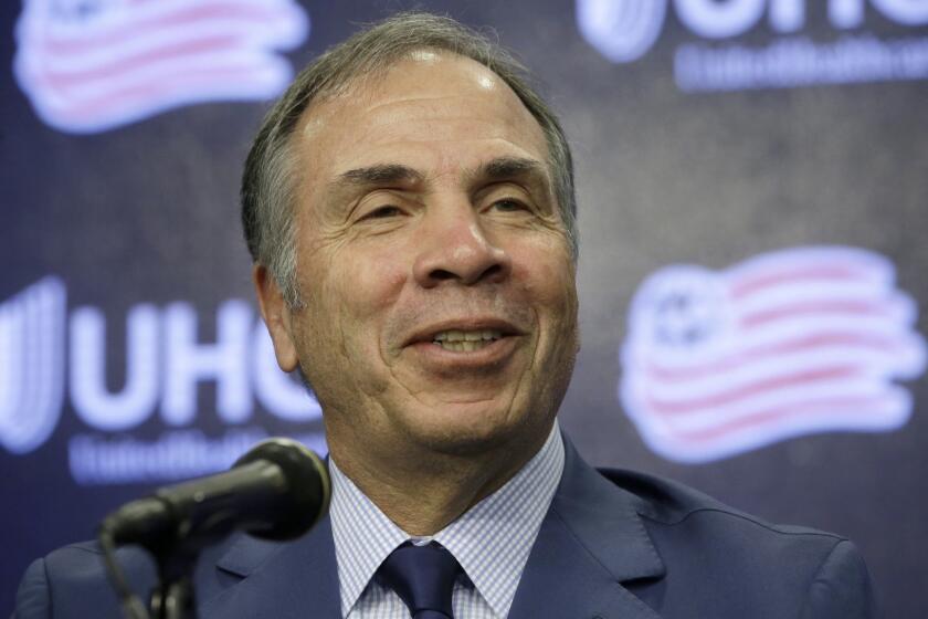 Bruce Arena, newly hired New England Revolution's coach and sports director takes questions from reporters, Thursday, May 16, 2019 during an MLS soccer news conference at Gillette Stadium, in Foxborough, Mass. Arena, a five-time MLS Cup winner and former U.S. national coach, was hired Tuesday, May 14. (AP Photo/Steven Senne)