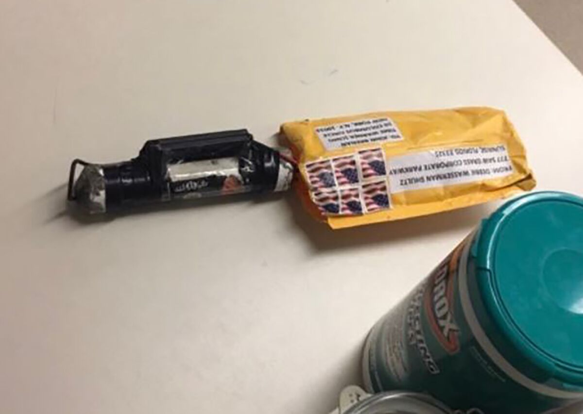 An Image obtained by CNN shows a suspected explosive device received at the CNN bureau in New York City on Wednesday.