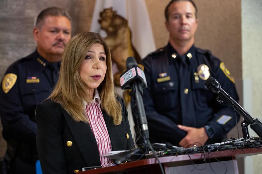 National City, California - June 30: Summer Stephan, San Diego District Attorney, speaks at a press conference regarding two teenage homicides at the National City Police Department on Friday, June 30, 2023 in National City, California. (Jessica Parga / The San Diego Union-Tribune)