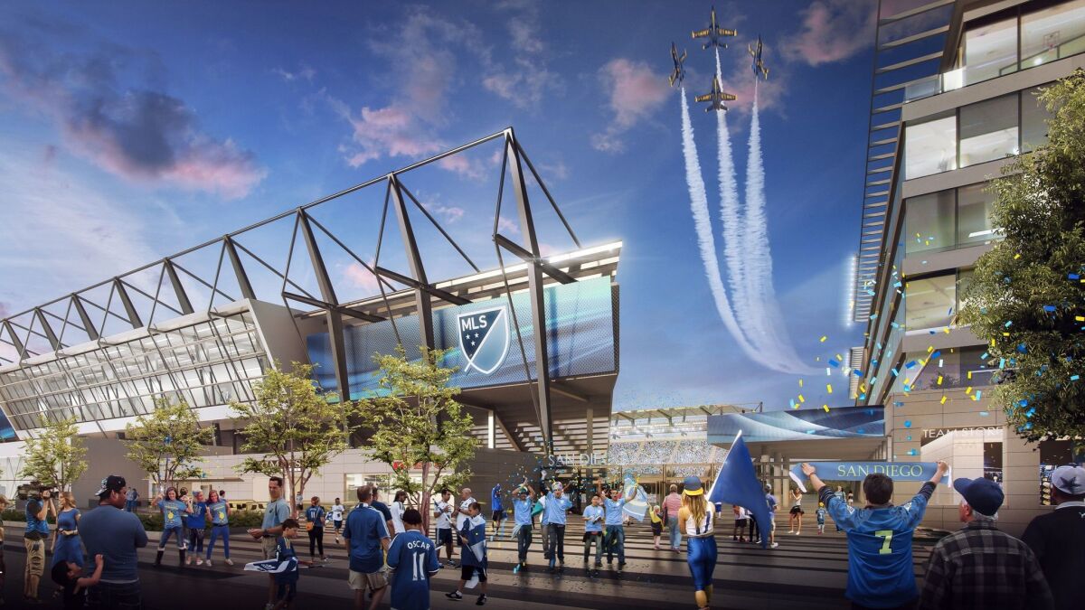 Gensler Sports produced this artist's rendering of what a 30,000-seat Major League Soccer stadium might look like at the Qualcomm Stadium property. (Gensler Sports)