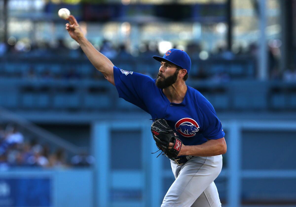Cubs starting pitcher Jake Arrieta delivers against the Dodgers at Dodger Stadium on Aug. 30.