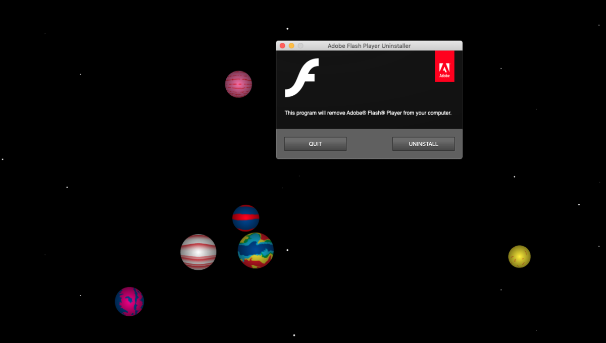 Planets float against a background of space. Above the image is a text box from Adobe asking to uninstall Flash.