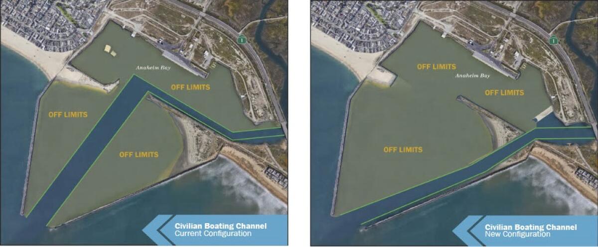 The changes in the civilian boating channel at Anaheim Bay, effective Thursday.