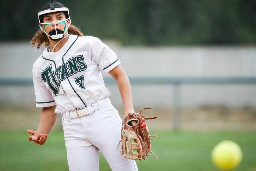Poway, CA - May 23: Poway's Mya McGowan (7) pitches against Carlsbad during the fourth round of the CIF-San Diego Section Open Division playoffs at Poway High School on Tuesday, May 23, 2023 in Poway, CA. (Meg McLaughlin / The San Diego Union-Tribune)