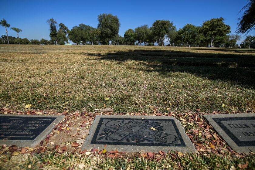 EAST LOS ANGELES, CA-AUGUST 11, 2022: The grave of Jose Gallardo Diaz, a 22 year old man whose murder in 1942 led to the Zoot Suit riots but who has essentially been forgotten today, is located at Calvary Cemetery in East Los Angeles. (Mel Melcon/Los Angeles Times)