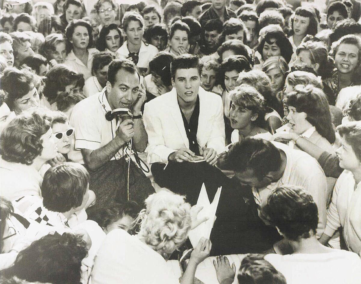 Art Laboe and Ricky Nelson at Scrivner's Drive-in in Hollywood in 1957. 