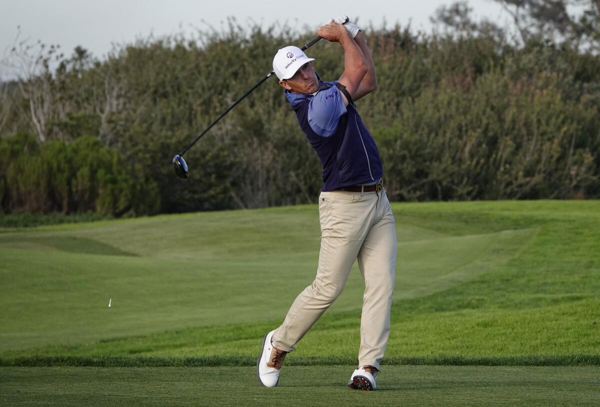 Billy Horschel tees off on the 18th hole of Torrey Pines North during the first round of the Farmers Insurance Open.