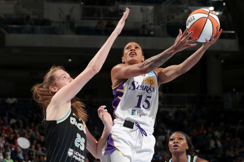 CHICAGO, IL - JUNE 30: Jasmine Thomas #15 of the Los Angeles Sparks drives to the basket during the game against the Chicago Sky on June 30, 2023 at the Wintrust Arena in Chicago, IL. NOTE TO USER: User expressly acknowledges and agrees that, by downloading and or using this photograph, User is consenting to the terms and conditions of the Getty Images License Agreement. Mandatory Copyright Notice: Copyright 2023 NBAE (Photo by Gary Dineen/NBAE via Getty Images)