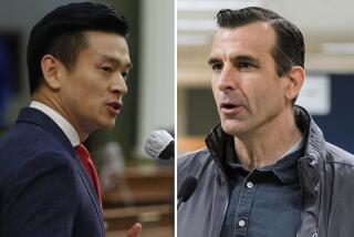 Left: In this June 10, 2020 file photo Democratic Assemblyman Evan Low speaks on the floor of the Assembly at the Capitol in Sacramento, Calif. (AP Photo/Rich Pedroncelli, File) Right: San Jose, Calif., Mayor Sam Liccardo speaks during a news conference in Sunnyvale, Calif., on March 28, 2020. (Beth LaBerge/KQED via AP, Pool, File)