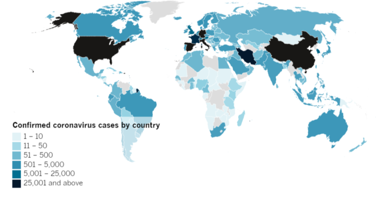 Confirmed COVID-19 cases by country as of 4 p.m. PDT Tuesday, March 24.