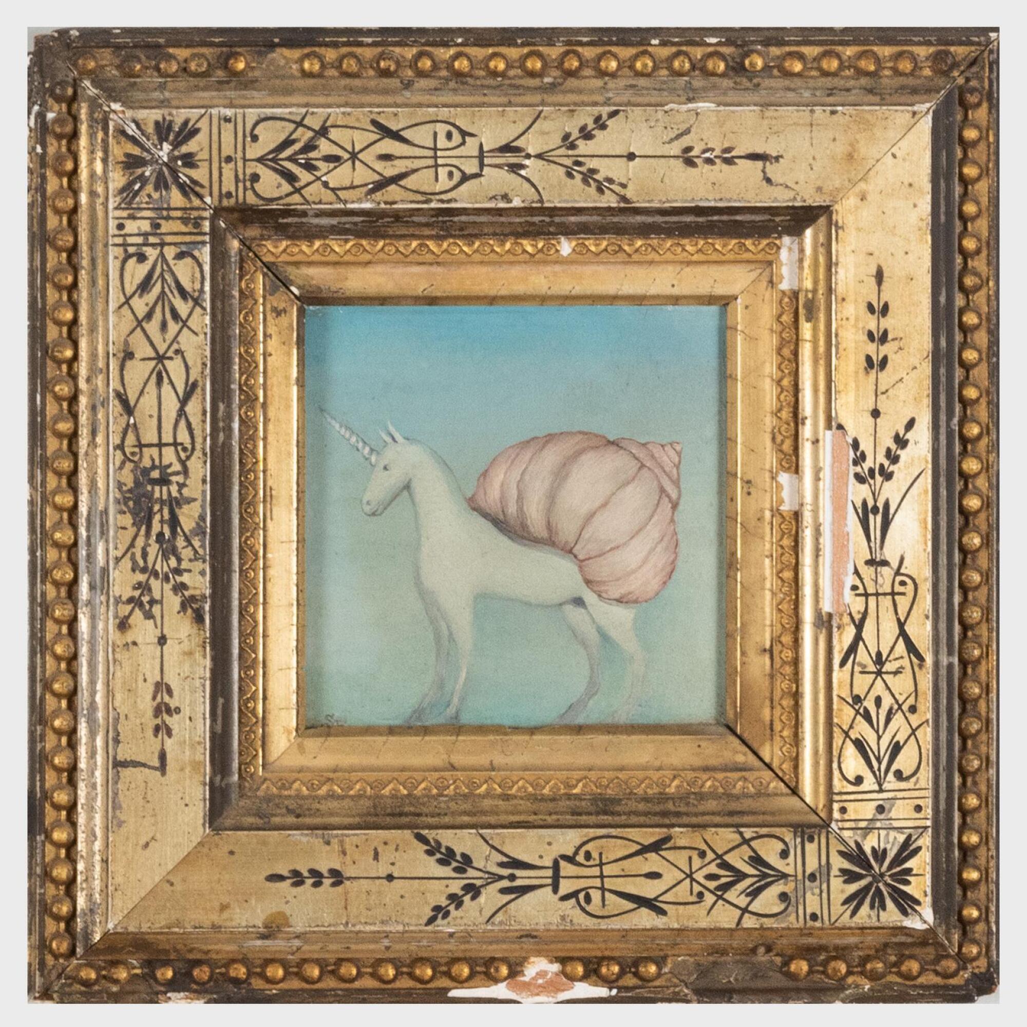 A small oil painting in a gilded frame shows a unicorn emerging from a pink seashell against a backdrop of light blue.