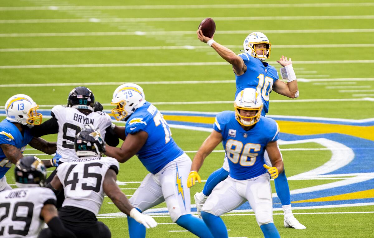 Chargers quarterback Justin Herbert unleashes a pass against the Jacksonville Jaguars.