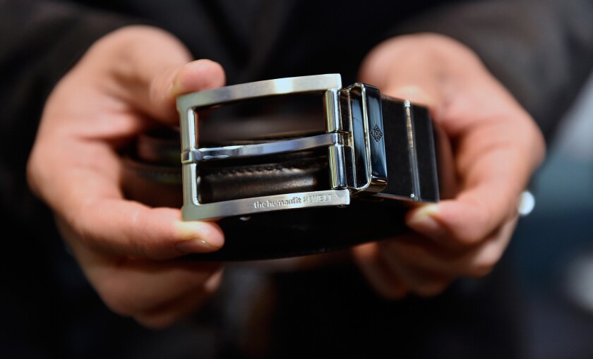 Samsung's Welt, the smart belt that monitors the user's waistline with an app, is displayed at the Samsung booth at CES 2016 at the Las Vegas Convention Center on January 6, 2016 in Las Vegas, Nevada.