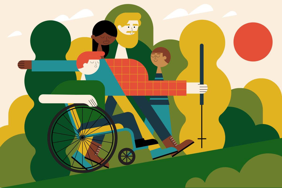 An illustration of a group of people including a child and a person in a wheelchair going on a hike together.