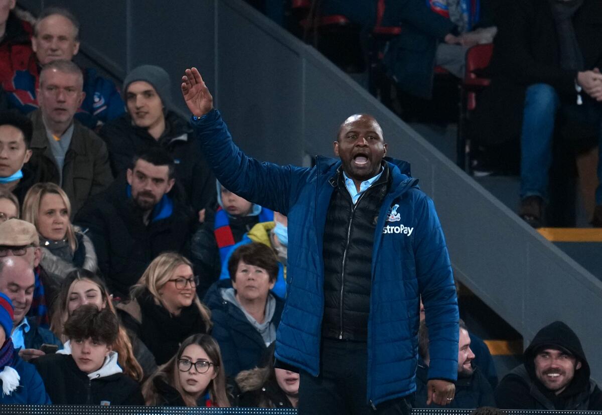 Crystal Palace's head coach Patrick Vieira gives instructions to his players during the English Premier League soccer match between Crystal Palace and Manchester City at Selhurst Park stadium in London, Monday, March 14, 2022. (AP Photo/Matt Dunham)