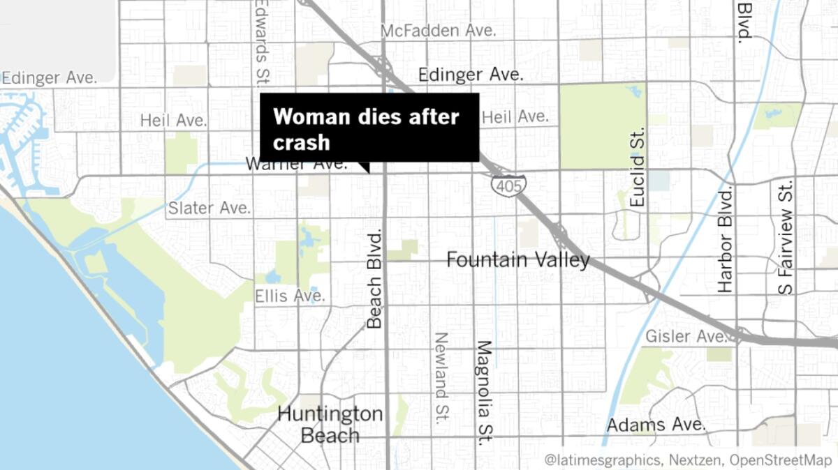 A 94-year-old woman died Friday after a crash near the intersection of Warner Avenue and Ash Lane in Huntington Beach.