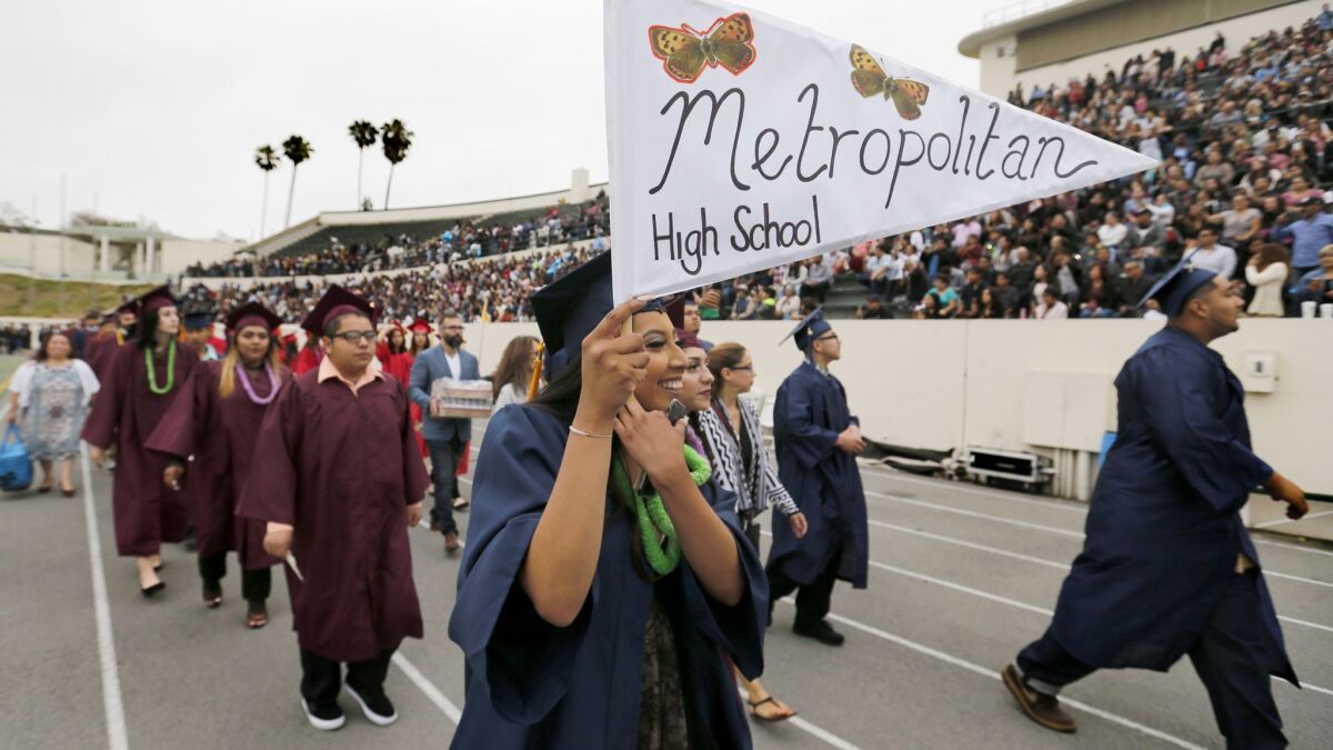 Metropolitan High School students parade to their seats during a graduation celebration for 45 L.A. Unified Educational Options Programs held at East Los Angeles College in Monterey Park in June 2017.