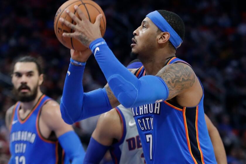 Oklahoma City Thunder forward Carmelo Anthony shoots during the second half of an NBA basketball game against the Detroit Pistons, Saturday, Jan. 27, 2018, in Detroit. (AP Photo/Carlos Osorio)