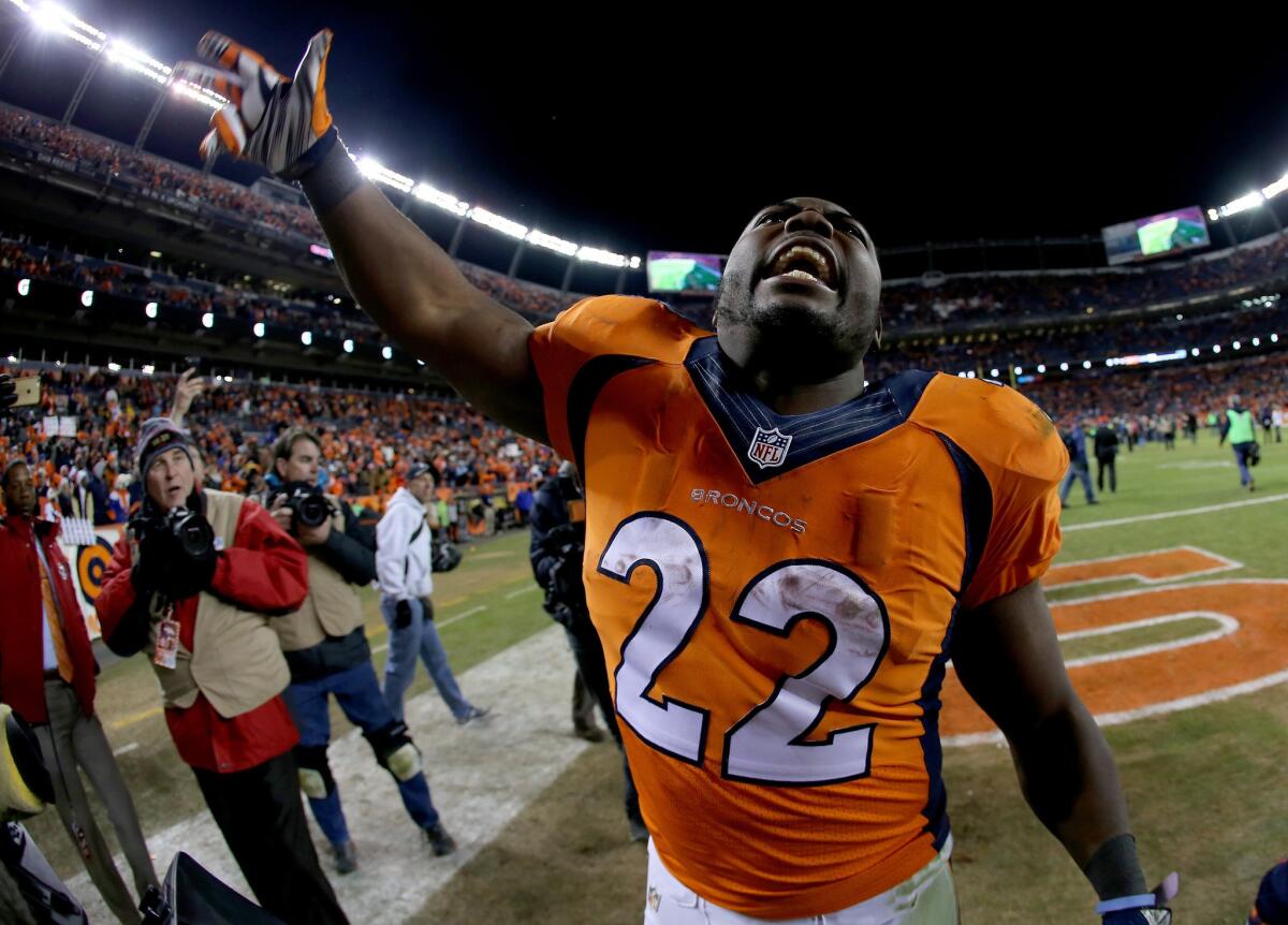Broncos running back C.J. Anderson celebrates after a playoff victory over the Steelers on Jan. 17.