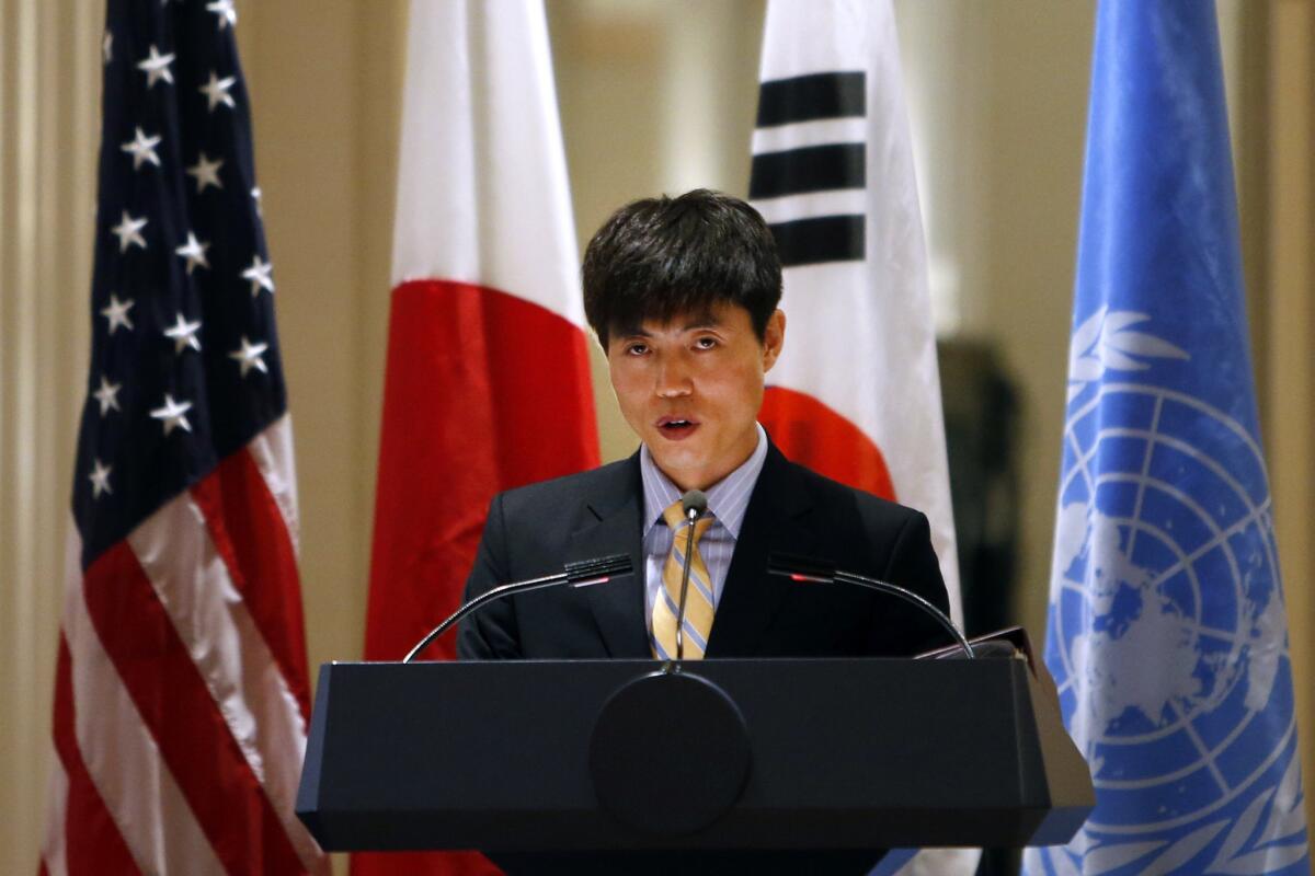 North Korean defector Shin Dong-hyuk in September 2014 as he spoke at a human rights meeting at the Waldorf Astoria Hotel in New York.