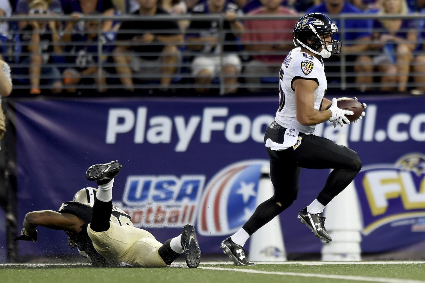 Through no fault of his own, Campanaro hasn’t gotten much attention in the Ravens’ crowded wide receiver crew this summer. More of the focus has been on who hasn’t been around (Breshad Perriman and Marlon Brown) and who might emerge (DeAndre Carter and Jeremy Butler) than guys like Campanaro, who runs good routes, makes catches in space, and has clear value for the slot receiver he is. Campanaro’s touchdown was a result of him finding a hole in the defense and making a play with the ball in his hands, something the Ravens will need in this diverse receiving group.