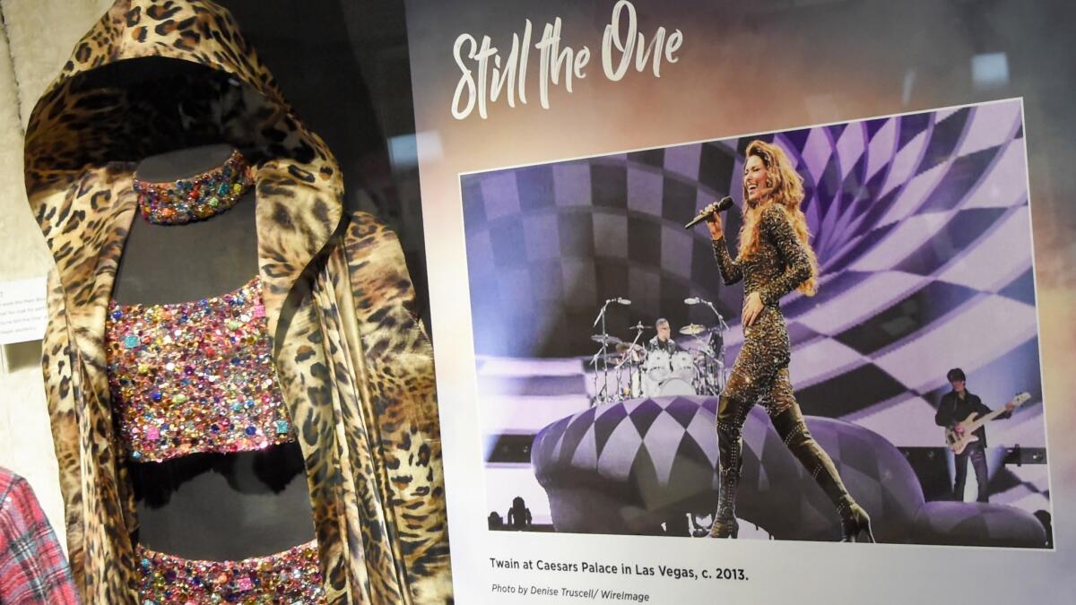 A costume worn by Shania Twain during her residency at Caesars Palace in Las Vegas is among the memorabilia on display at the Country Music Hall of Fame and Museum in Nashville.