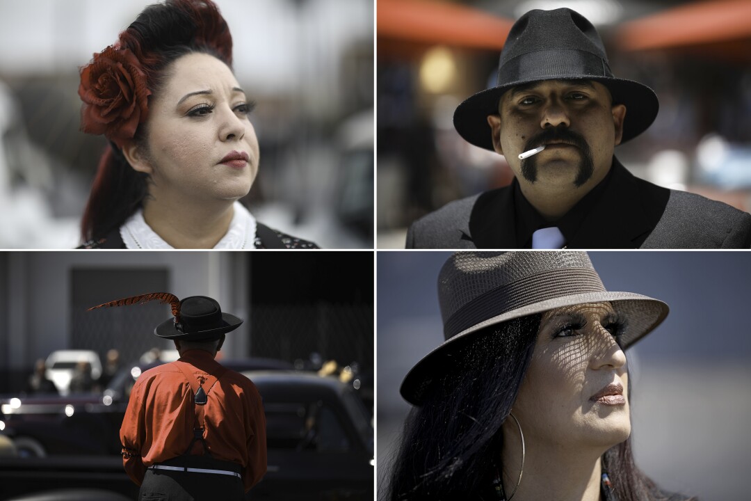 Collage shows a woman with a flower in her hair, a man in a hat, a woman in a fedora, a man in a hat with a feather.
