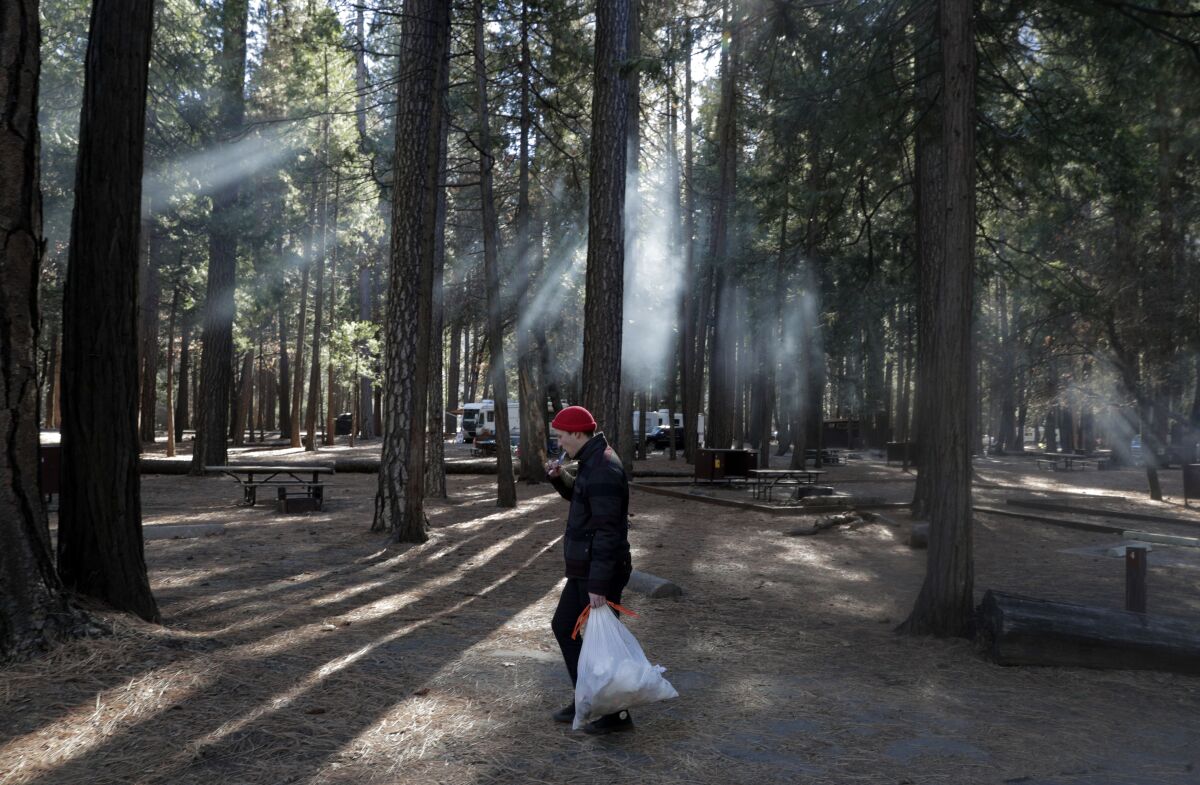 A man wearing a red beanie carries a garbage bag through a campground.
