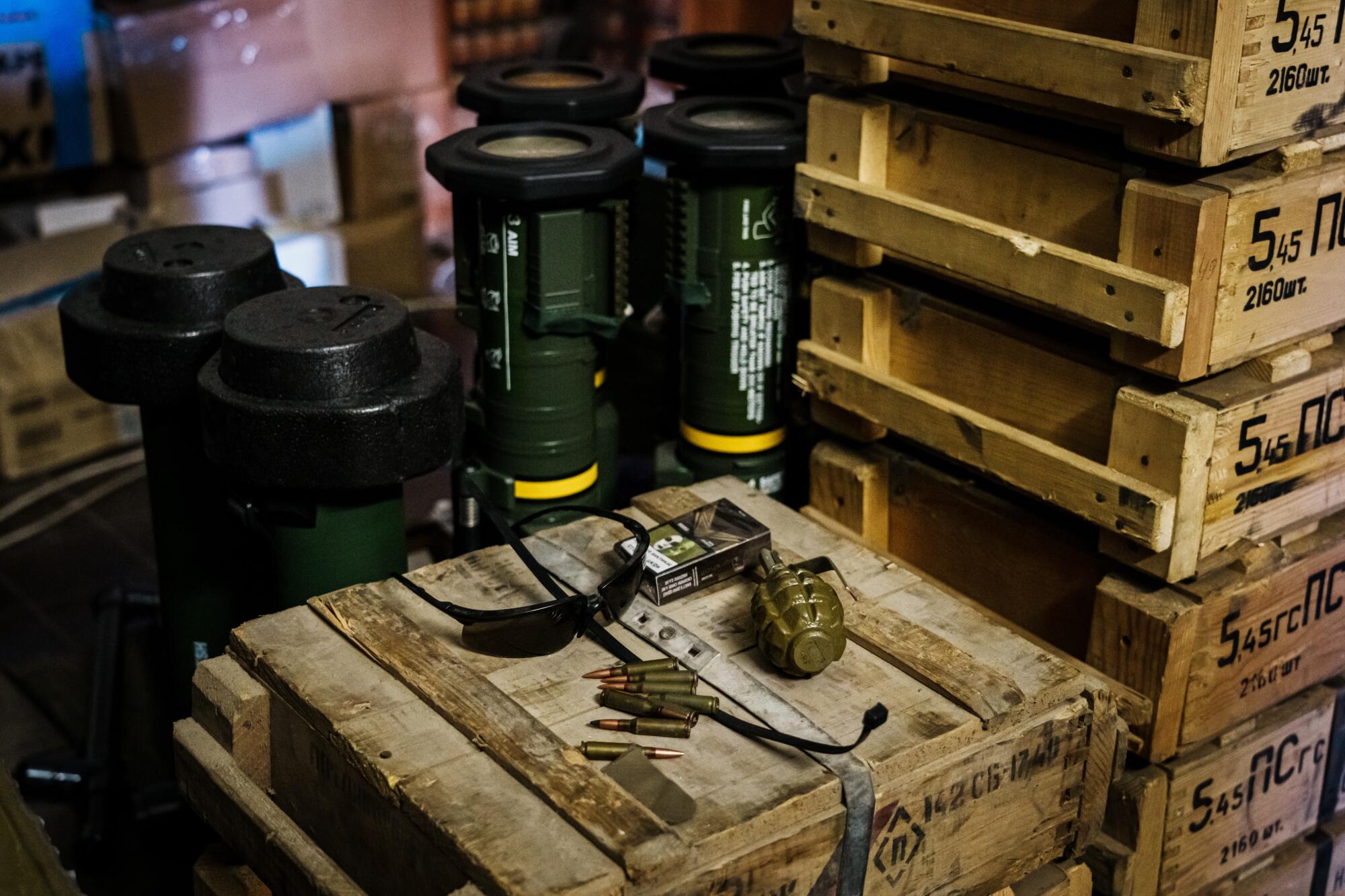 Supply crates sit in a depot at a makeshift military outpost in Lysychansk, Ukraine.