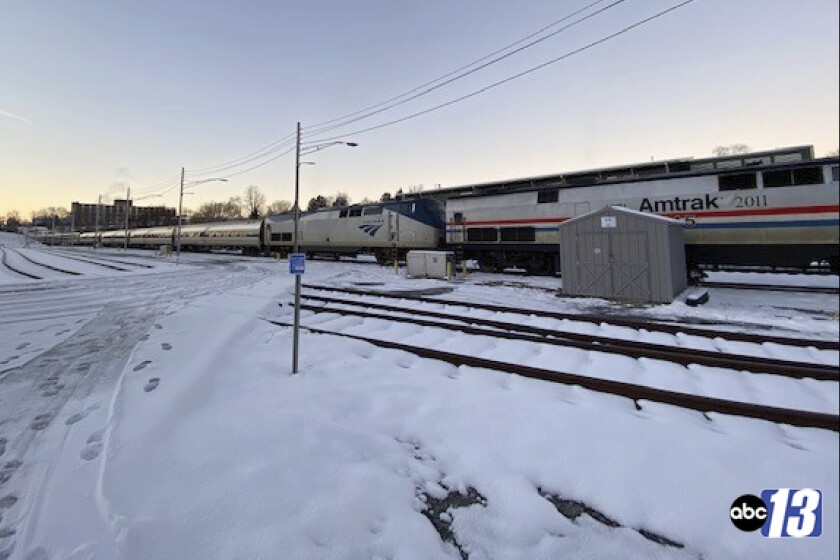 In this image taken from video and provided by WSET-TV, ABC 13, the Amtrak Crescent train number 20 traveling from New Orleans to New York on Tuesday, Jan. 4, 2022, remains in Lynchburg, Va., after inclement weather and power outages in Northern Virginia. (Madison Doner/WSET-TV, ABC 13