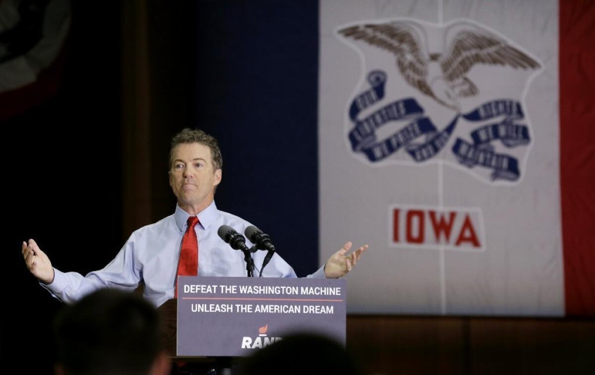 Sen. Rand Paul (R-Ky.) speaks during a rally at the University of Iowa.